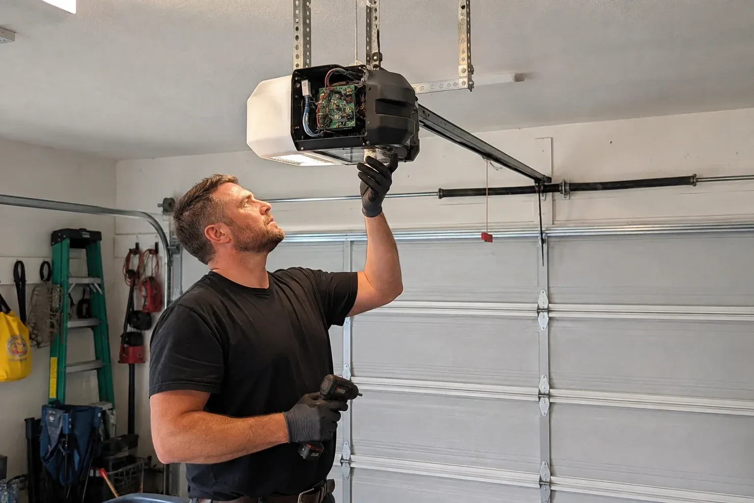 Gloved technician holding a drill and reaching up to an opener housing opened to show a green circuit board. — Belt-Drive Opener Repair, Toronto